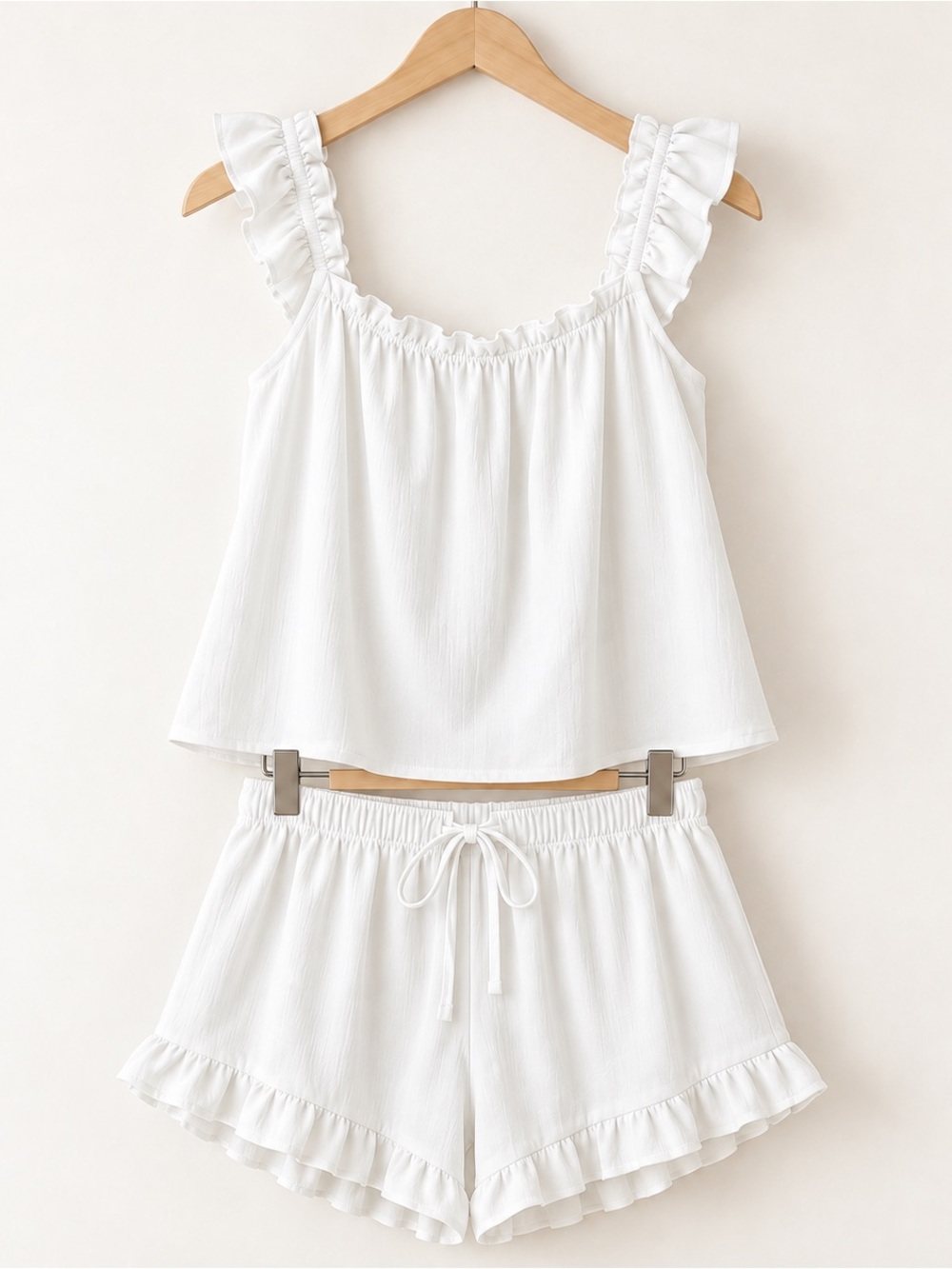 Women’s White Ruffle Two-Piece Lounge Sleep Set